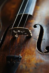 Fototapeta premium Detailed image of a violin's bridge and strings, emphasizing the craftsmanship and elegance of the musical instrument.