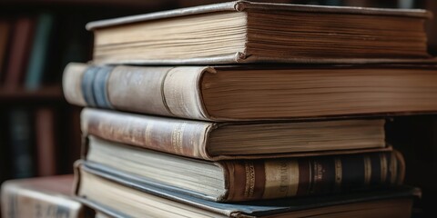 Fototapeta premium A stack of aged, weathered books piled up, capturing a cozy and nostalgic feeling, perfect for a library setting.