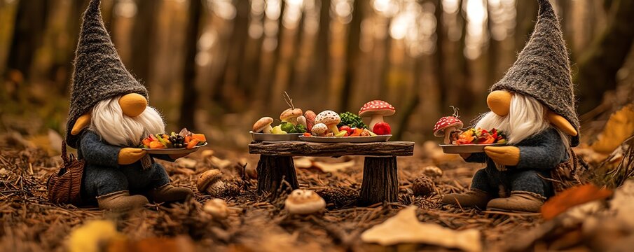 Two whimsical gnomes enjoy a delightful feast surrounded by autumn foliage and mushrooms in a serene forest setting.