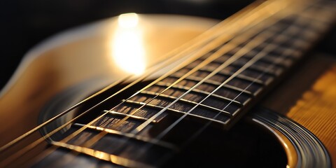 Fototapeta premium Detailed close-up focusing on the strings and wooden body of an acoustic guitar, illuminated by warm lighting.