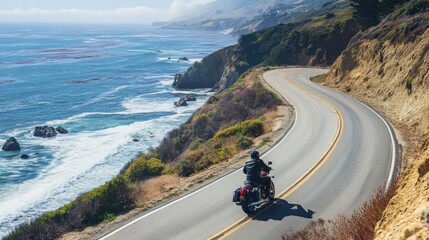 A motorcyclist riding along a winding coastal road, with the ocean on one side and steep cliffs on...