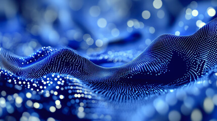 Abstract digital landscape of waves and particles in a blue color scheme, resembling a flowing array of glowing data points and connections.