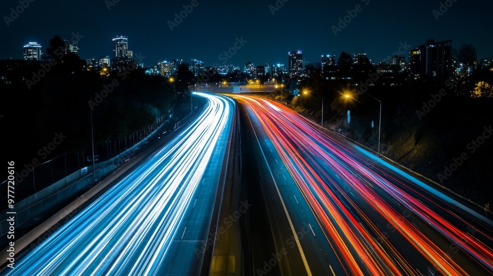 Poster a nighttime shot of a highway with bright city lights and light trails from passing cars, creating a