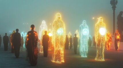 Fototapeta premium A Crowd of People Walking Through a Foggy City Street at Night, with Some People's Bodies Glowing with Light and Digital Lines