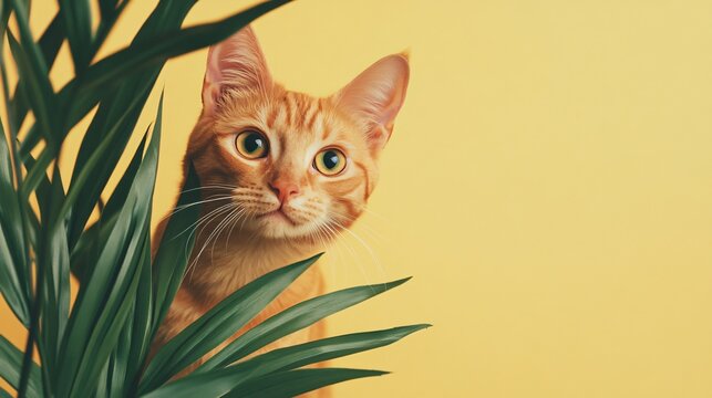 A playful American cat peeking out from behind a plant, with a minimalistic light solid color backdrop
