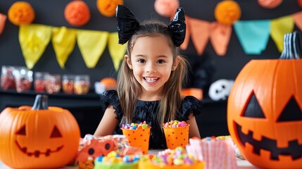 Fototapeta premium Playful Halloween setup with colorful candy, festive decorations, and cute costumes for a fun, family-friendly vibe