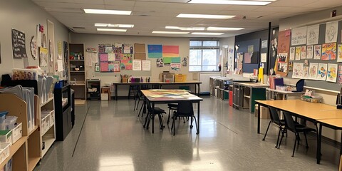 Empty classroom with tables and chairs, art on walls, and a bookshelf.