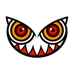 A cartoon face with red eyes and teeth showing a menacing look. The eyes are large and the mouth is wide open