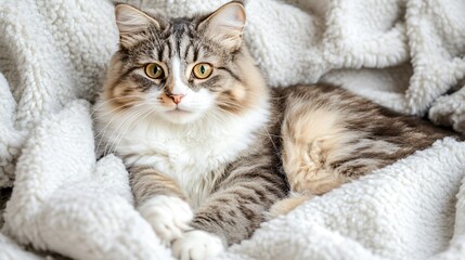 A fluffy American Wirehair cat lounging on a soft blanket with its distinct curly fur pattern, showcasing its playful personality