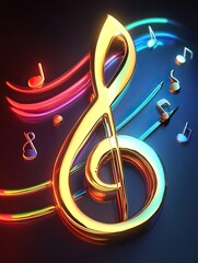 3D illustration of colorful treble clef with musical notes on dark background with neon lights.