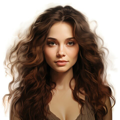 Naklejka premium portrait, drawing, photo, artistic photo, art, girl, young, lady, brown hair, wavy hair, voluminous hair, big lips, eyes, white background, studio, studio photo, sad, serious, smiling, smile, 