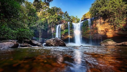 Majestic Waterfall in Lush Tropical Rainforest