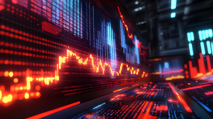 Fototapeta premium 3D model of a volatile stock market with rapidly changing indicators in a virtual trading room.