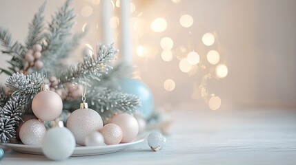 Soft pastel Christmas scene with minimalistic decorations and gentle hues, creating a peaceful and stylish holiday setting