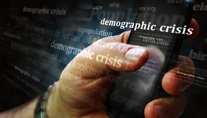 Demographic crisis news titles on screen in hand 3d illustration