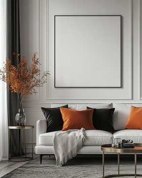 Mockup of a white frame in a living room, with textured white stucco walls, orange and black accent pillows, white sofa and side table