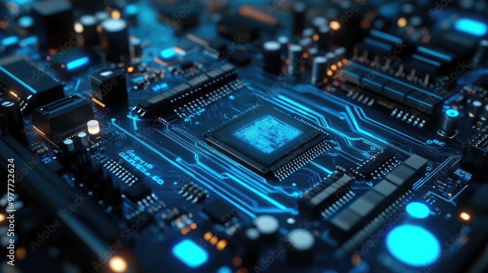 Aufkleber tech-focused abstract background featuring a computer motherboard with blue circuit lines and electr