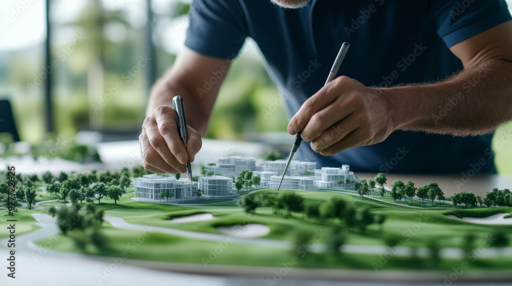 Poster a person carefully working on a detailed architectural model, adjusting small structures and landsca