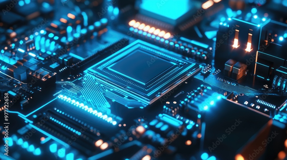 Poster tech-focused abstract background featuring a computer motherboard with blue circuit lines and electr