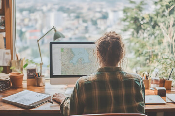 Woman Planning Trip On Computer With Map