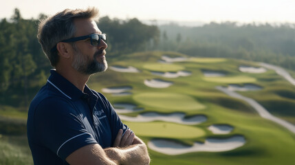 Fototapeta premium Man in sunglasses stands with arms crossed, overlooking a scenic golf course with numerous sand bunkers and lush green fairways in the background.