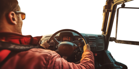 1st person POV perspective point of view of a farmer driving his tractor. Transparent background PNG. Isolated background. Man driving a farm tractor.