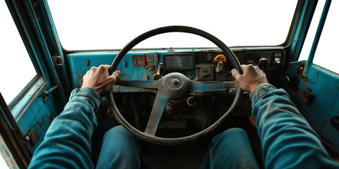 1st person POV perspective point of view of a farmer driving his tractor. Transparent background PNG. Isolated background. Man driving a farm tractor.