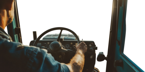 1st person POV perspective point of view of a farmer driving his tractor. Transparent background PNG. Isolated background. Man driving a farm tractor.