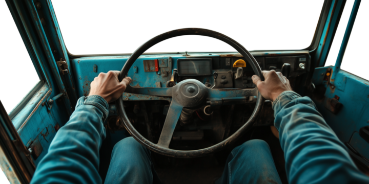 1st person POV perspective point of view of a farmer driving his tractor. Transparent background PNG. Isolated background. Man driving a farm tractor.