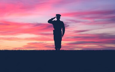 Generative-AI, Silhouette of a Soldier Saluting Against a Sunset, Clear Area for Text