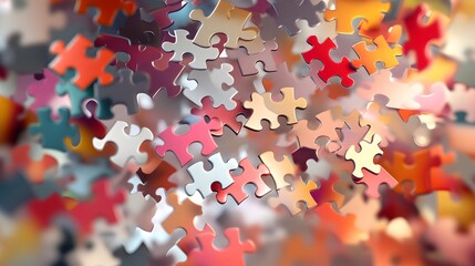 Floating Puzzle Pieces: Colorful puzzle pieces floating in mid-air, starting to connect, creating an abstract pattern that is still forming. 
