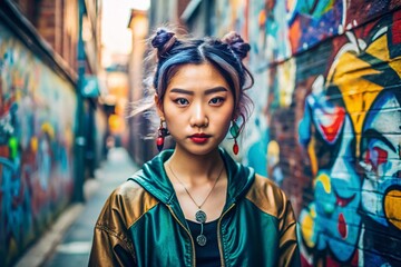 Obraz premium Vibrant portrait of a young Asian woman enjoying trendy streetwear, bold hairstyle, and confident attitude, set against