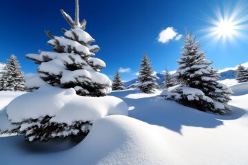 Winter nature landscape featuring snow-covered pine trees under a crisp, clear blue sky