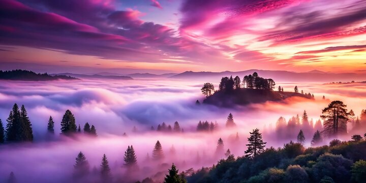 Vibrant purple and pink hues dance across a mystical, swirling fog, evoking an otherworldly aura, perfect for conveying