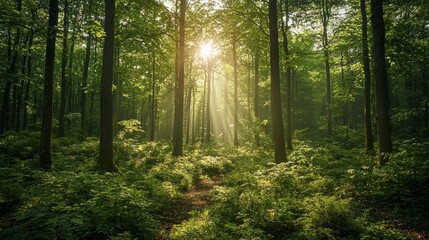 Obraz premium Sunbeams in a Lush Green Forest.