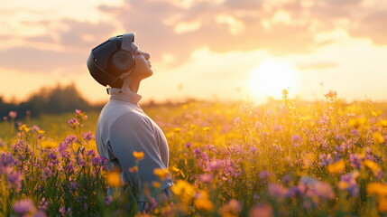 Person wearing a helmet-like device standing in a field of wildflowers, basking in the warm glow of a setting sun.
