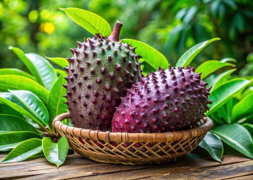 Vibrant purple Guanabana fruit, also known as Soursop, sits atop a woven basket, surrounded by lush green foliage,