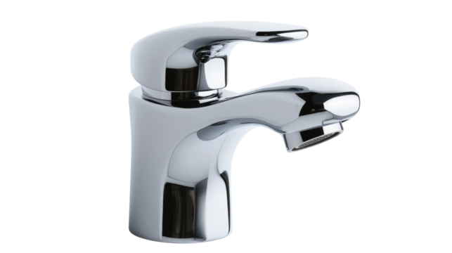 A sleek and modern chrome faucet with a single lever handle, designed for both aesthetic appeal and functional ease in contemporary bathroom or kitchen settings.