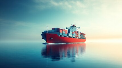 Cargo ship in calm waters under foggy sky highlights isolation and vast sea.