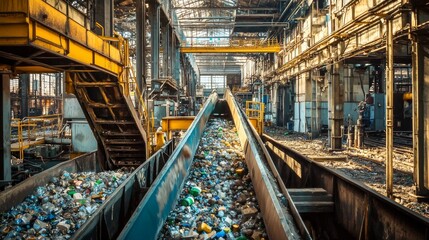 Recycling Conveyor Belt in Abandoned Factory.