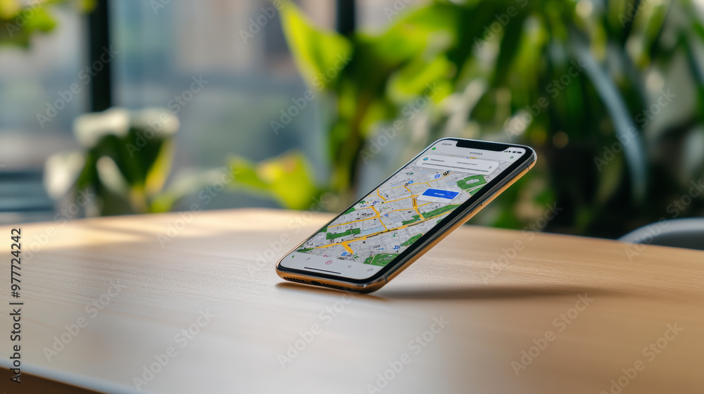 Poster a smartphone displaying a map application floats in mid-air above a wooden table in a well-lit room 