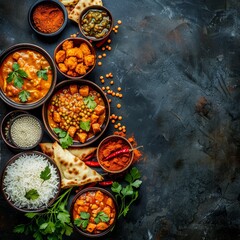 Dishes of indian cuisine. Curry, butter chicken, rice, lentils, paneer, samosa, spices. Bowls and plates with indian foodon dark on dark background. Top view with copy space.
