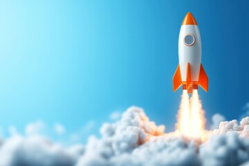 A vibrant rocket launches into a clear blue sky, leaving a trail of smoke. Perfect for themes of innovation and exploration.