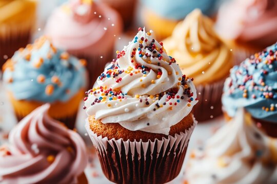 Cupcakes with vibrant frosting and sprinkles symbolizing celebration sweetness and the joy of artistic baking