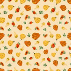 Vector colorful autumn natural seamless pattern with autumn leaves and flowers. Autumn endless background