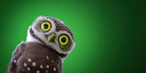Small owl with wide, curious eyes staring at camera against blurry green background.