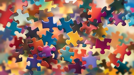 Floating Puzzle Pieces: Colorful puzzle pieces floating in mid-air, starting to connect, creating an abstract pattern that is still forming. 
