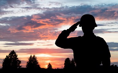 Fototapeta premium Generative-AI, Silhouette of a Soldier Saluting Against a Sunset, Clear Area for Text