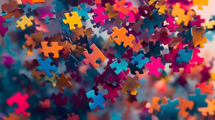 Floating Puzzle Pieces: Colorful puzzle pieces floating in mid-air, starting to connect, creating an abstract pattern that is still forming. 
