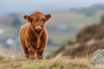 Fototapeta premium Baby highland cow standing in a scenic landscape